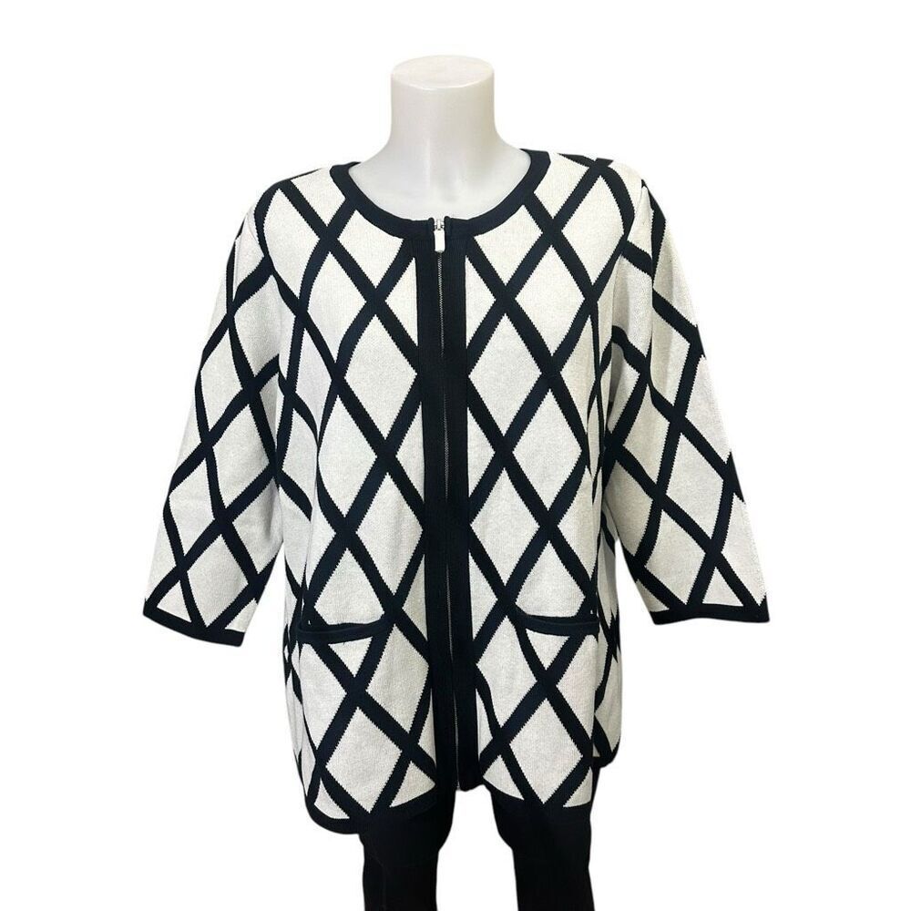 Liz Claiborne Black and White Geometric Zip Cardigan
